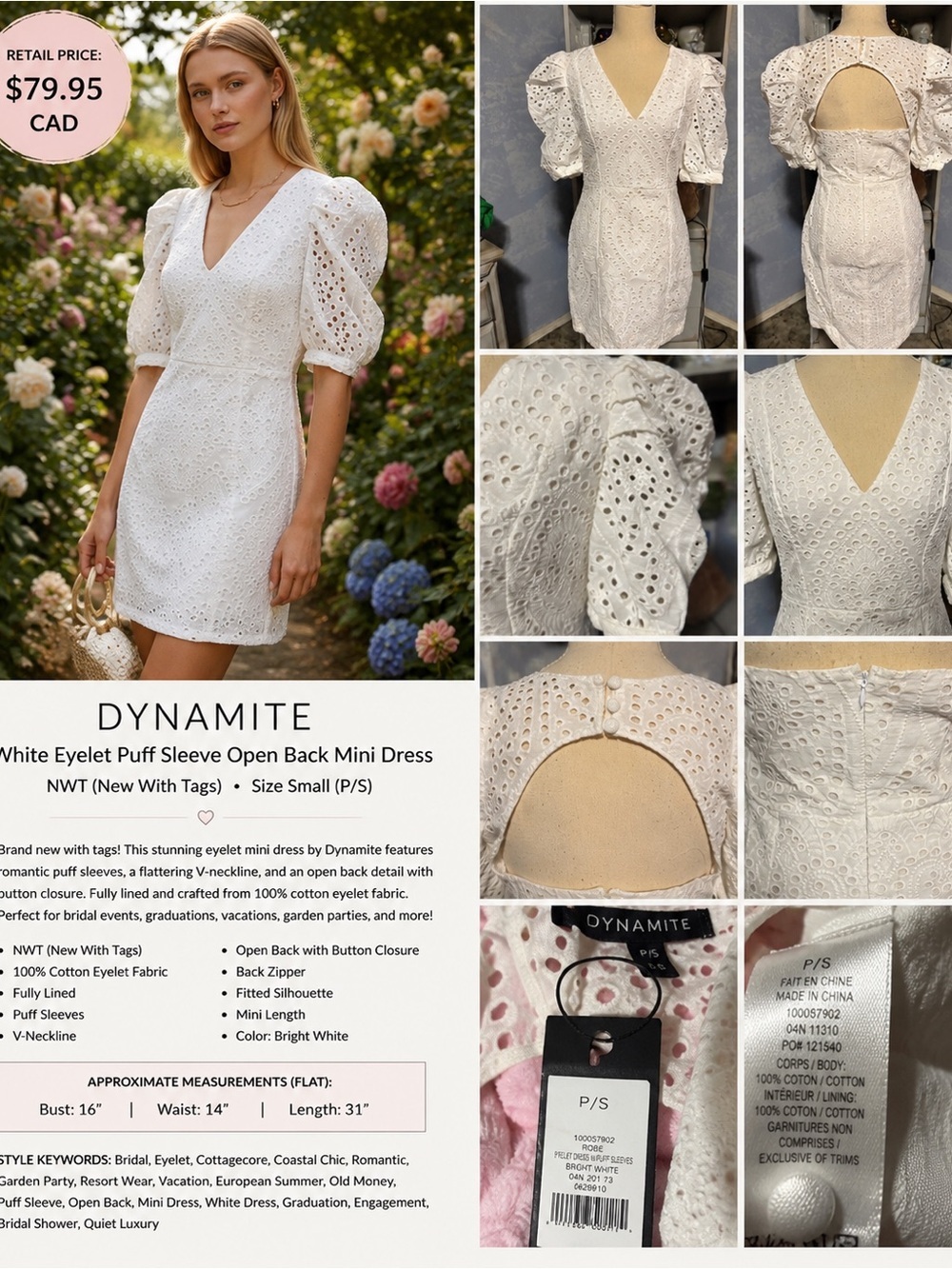 Dynamite White Eyelet Puff Sleeve Open Back Mini Dress NWT Size Small - Picture 1 of 14